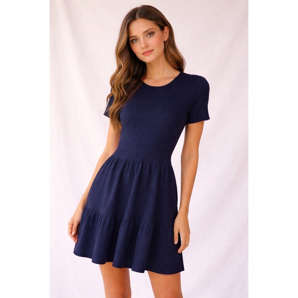 Mi Ami Navy Blue Ribbed Knit Fit and Flare Tiered Skater Dress Small NWT